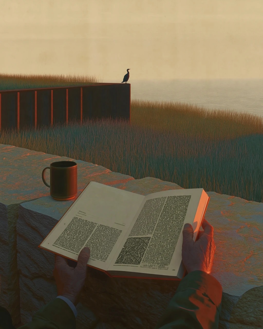 Chapter 1: Ground-level first-page opener, manual held in hands on the harbour