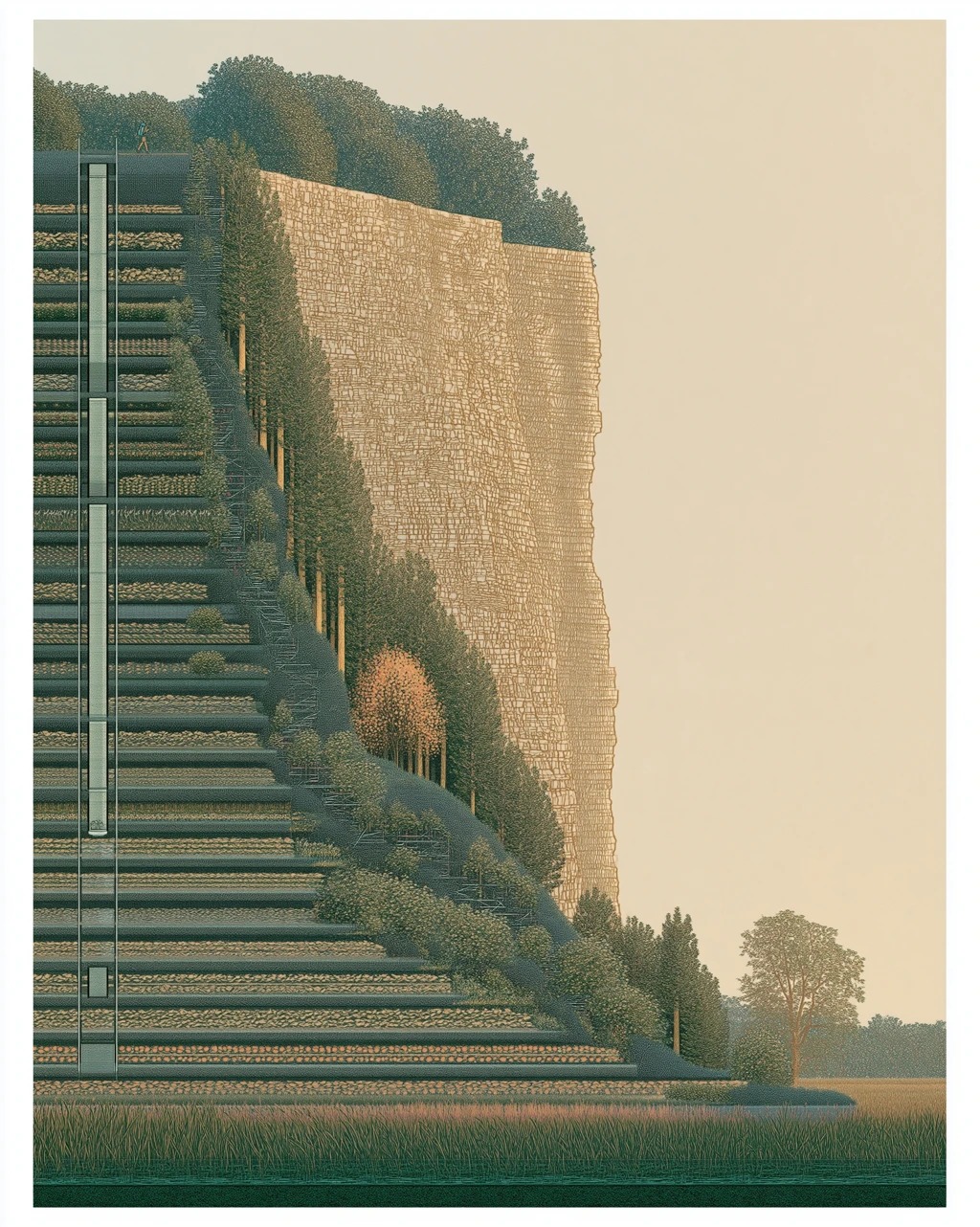 Escarpment District cross-section with vertical farms and lifts