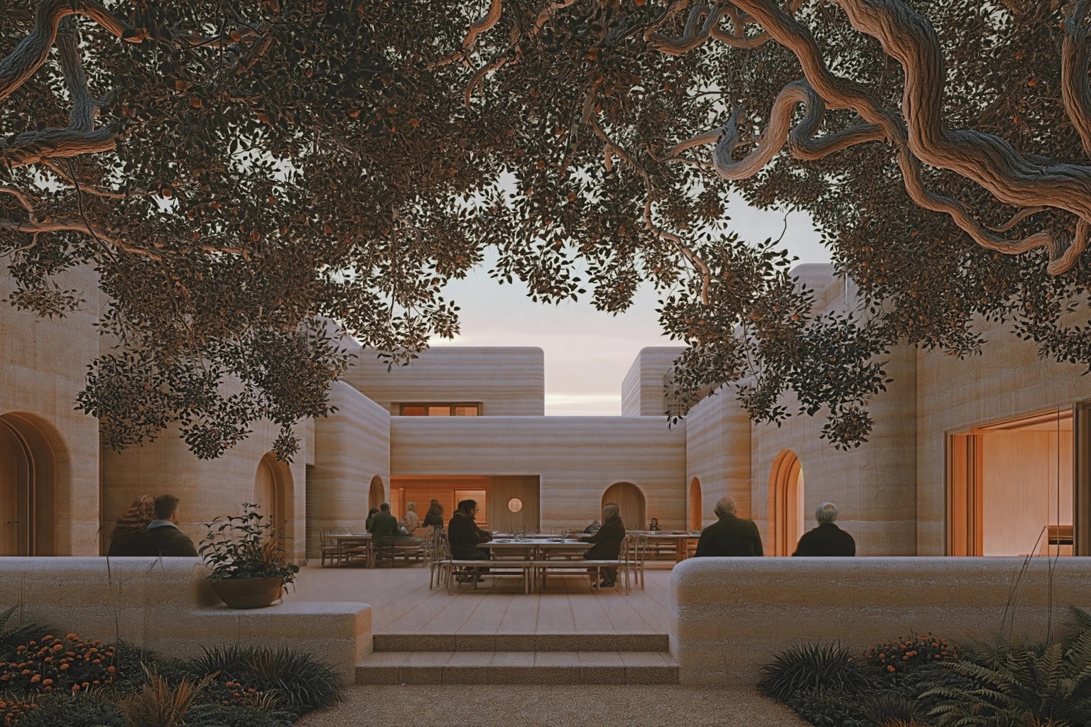 Section 1.6, A Grove housing commons courtyard at community meal time