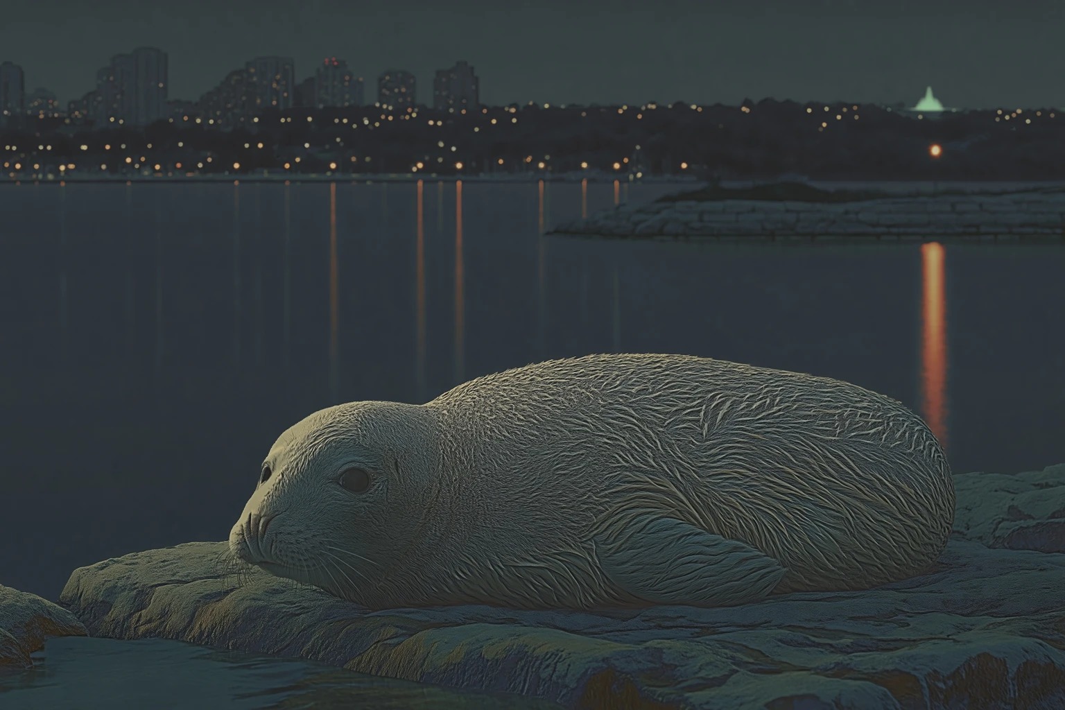 A juvenile gray seal resting on the Hamilton Harbour breakwall in 2081, the first seal sighting in the harbour in over a century