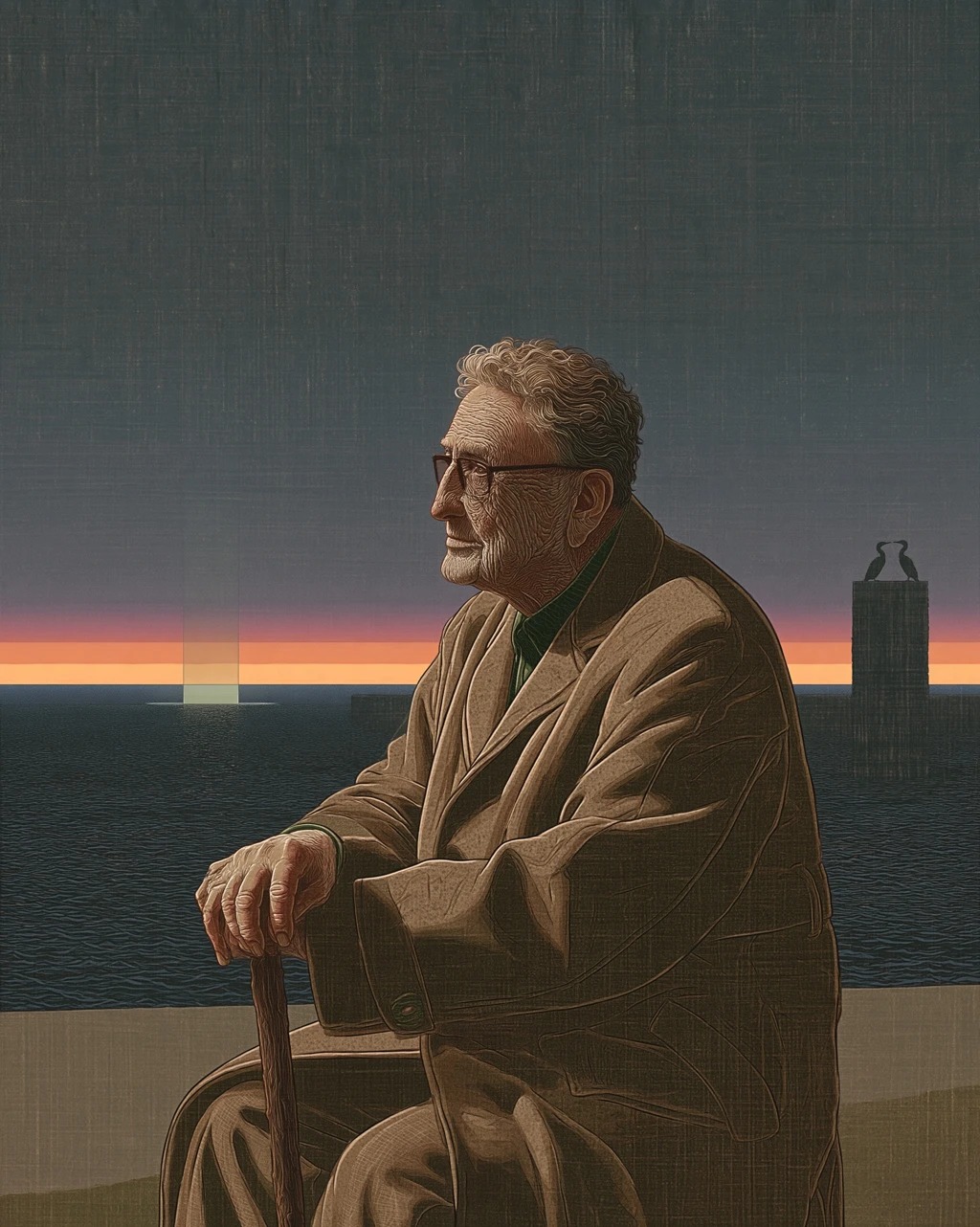 Section 1.14, An elder at 94, portrait on the breakwall at dusk