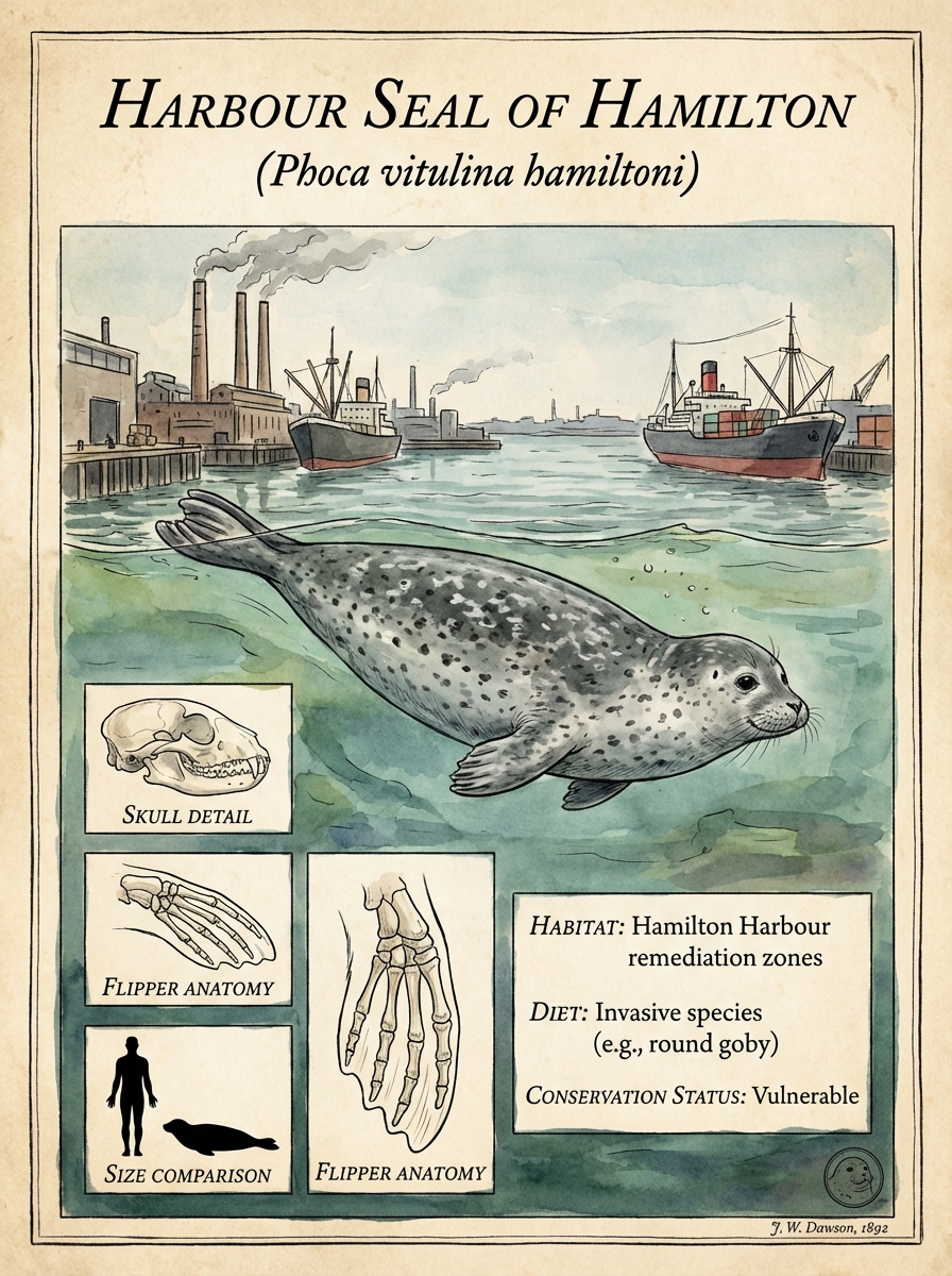 Section 1.14, Naturalist species plate of Harbour Seal of Hamilton, Phoca vitulina hamiltoni, after J.W. Dawson 1892