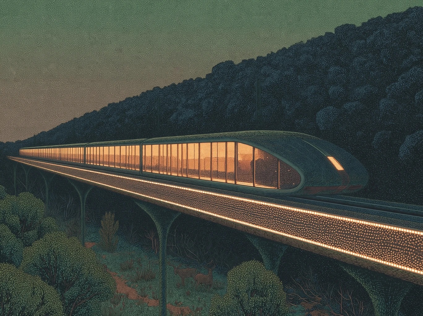Chapter 3: Heavy MELA pod on elevated guideway at dusk