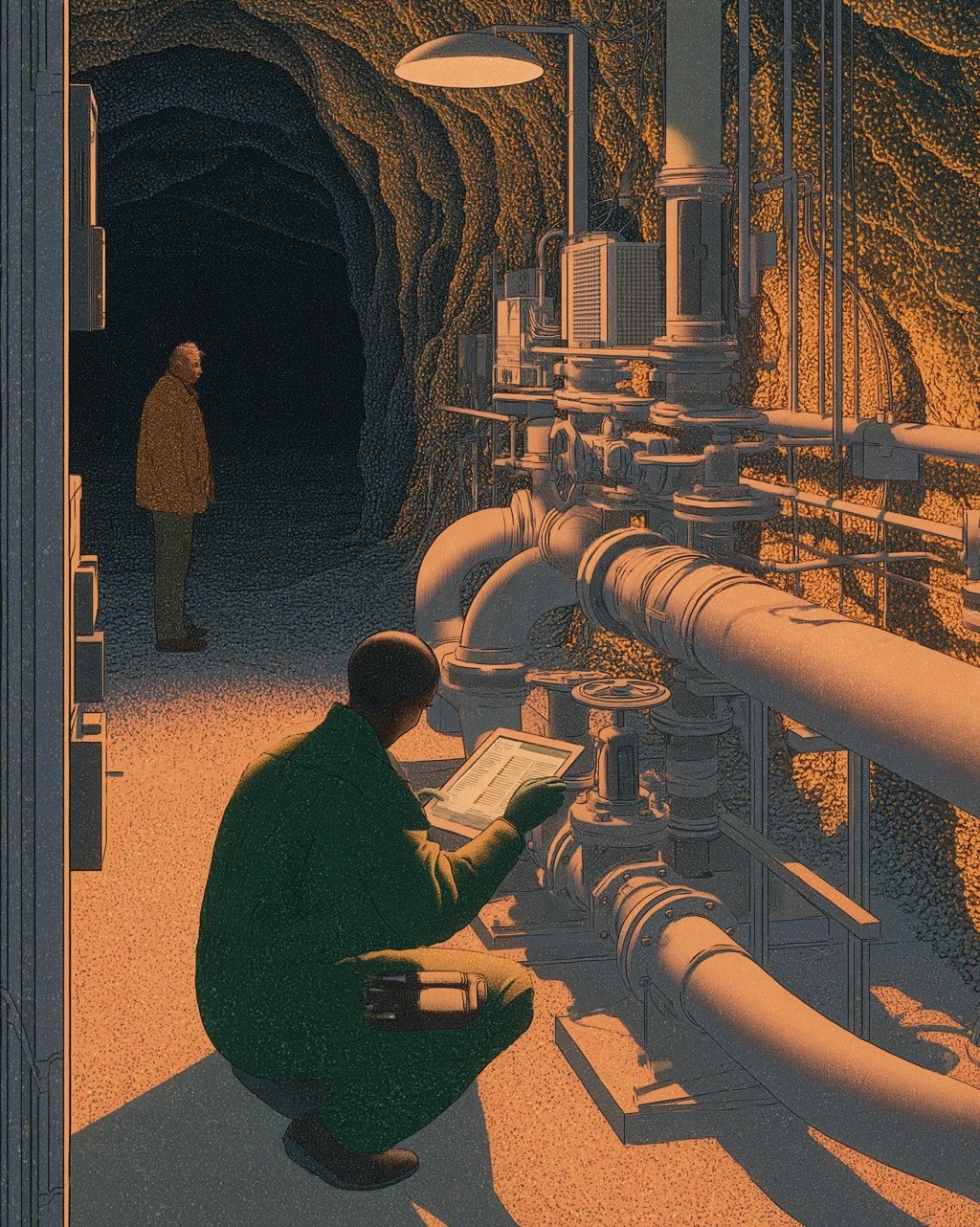 Chapter 3: Orenda Steward inspecting a geothermal junction, the Elder observing