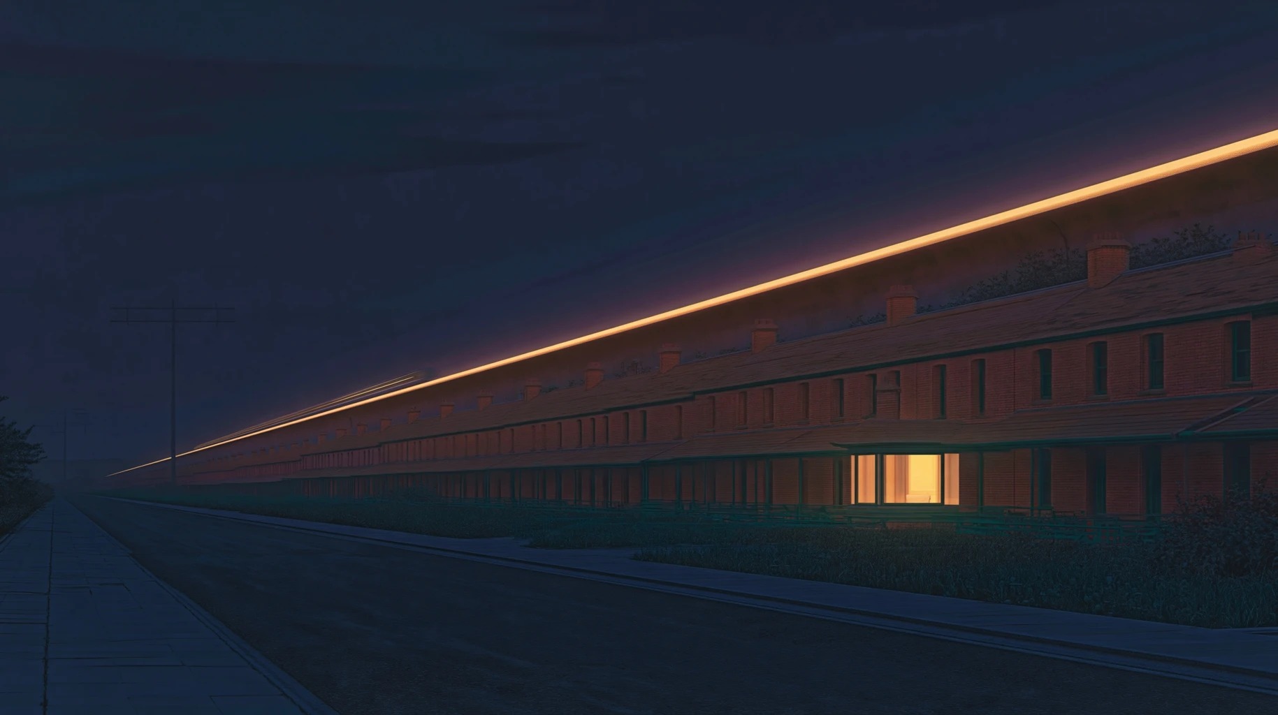 Chapter 3: Eastern Gateway guideway at dusk over Crown Point row housing