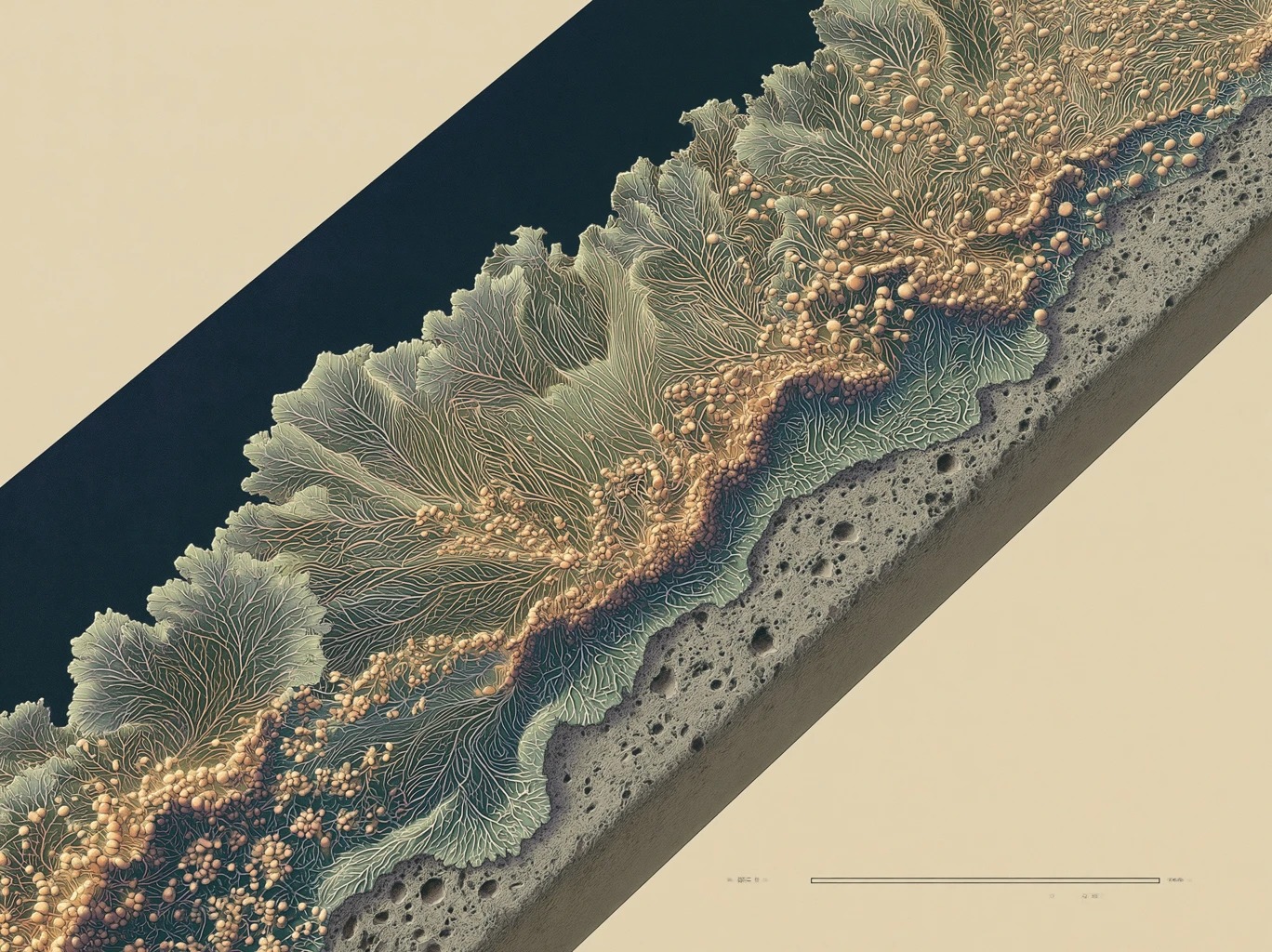 Botanical plate of LuxNavigator, a bioluminescent lichen lining MELA guideways and Orenda tunnels