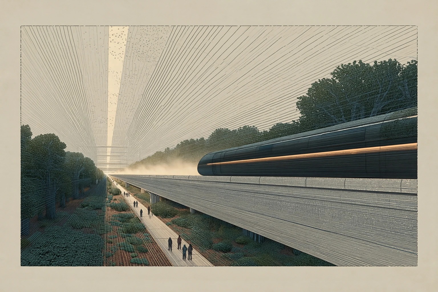 Chapter 5: Coast Rail guideway at dawn with Steel Bark Oaks