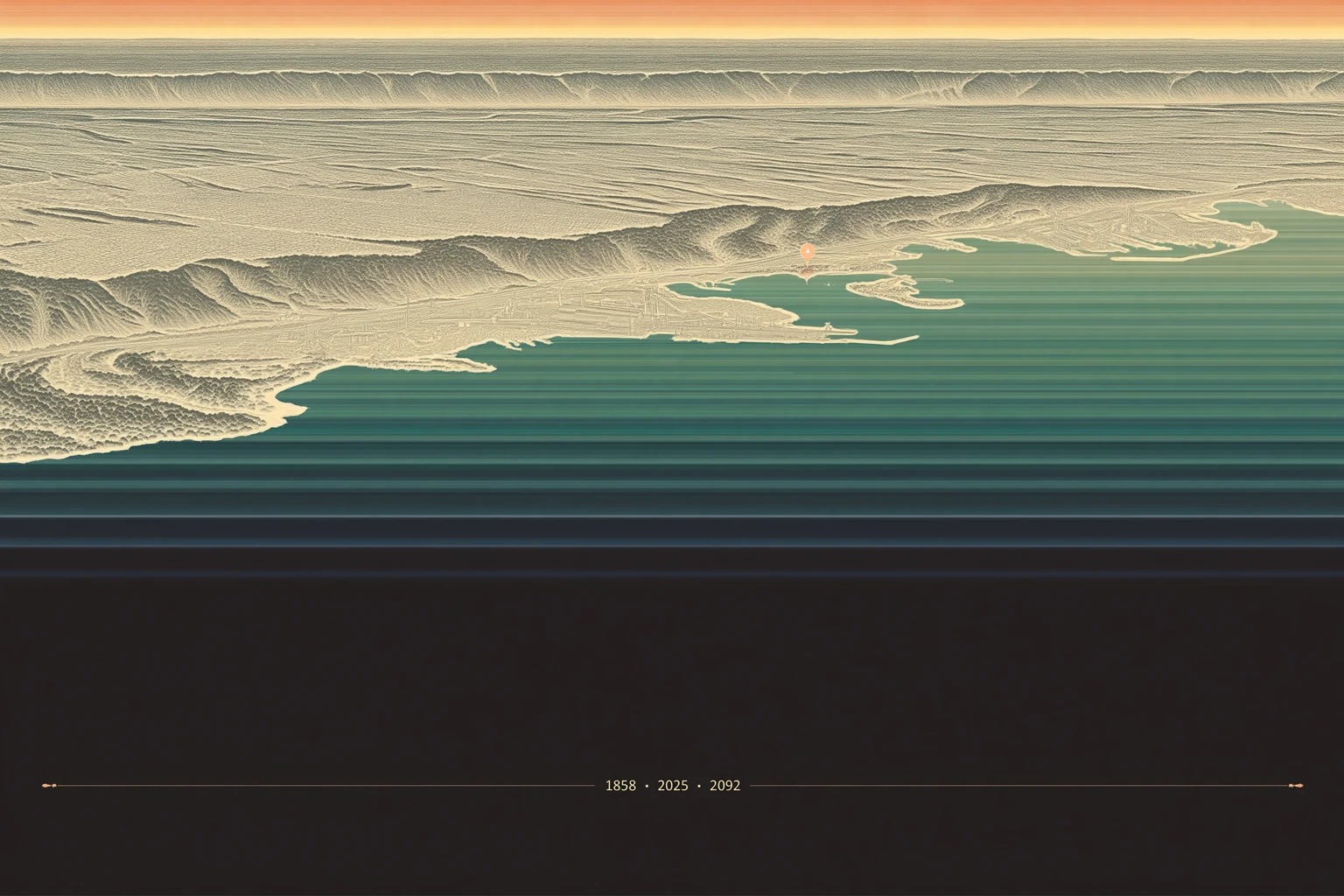 Hamilton Harbour across six generations, tilted-axis cartographic illustration