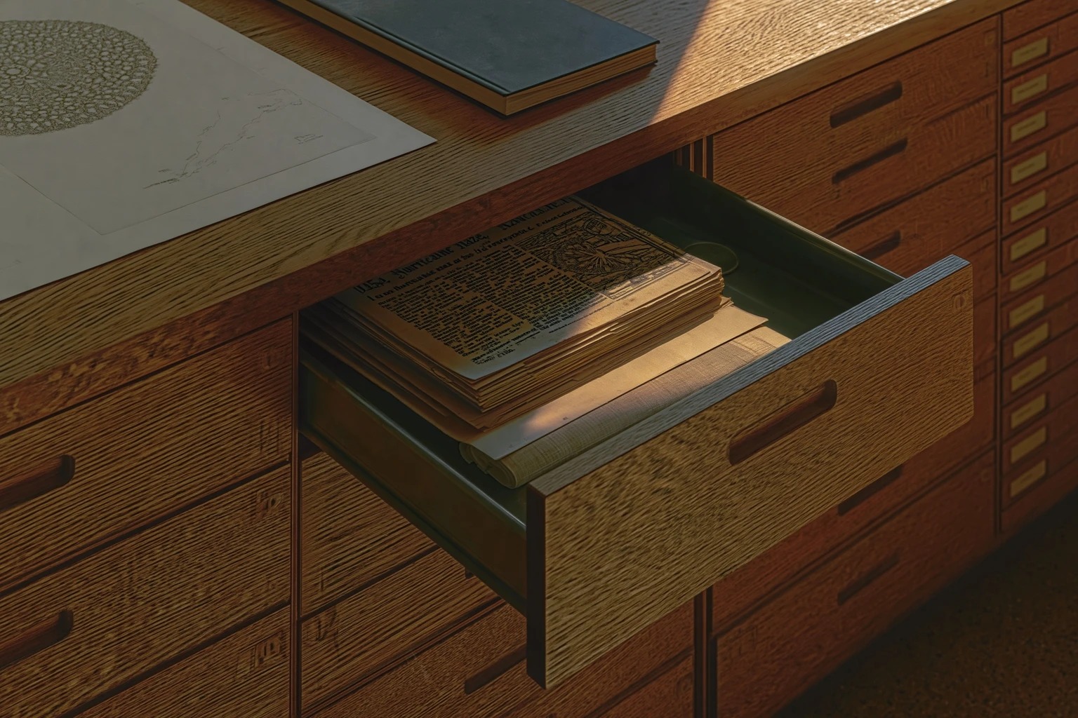 Archive drawer of generational artefacts from 1910 to 2092