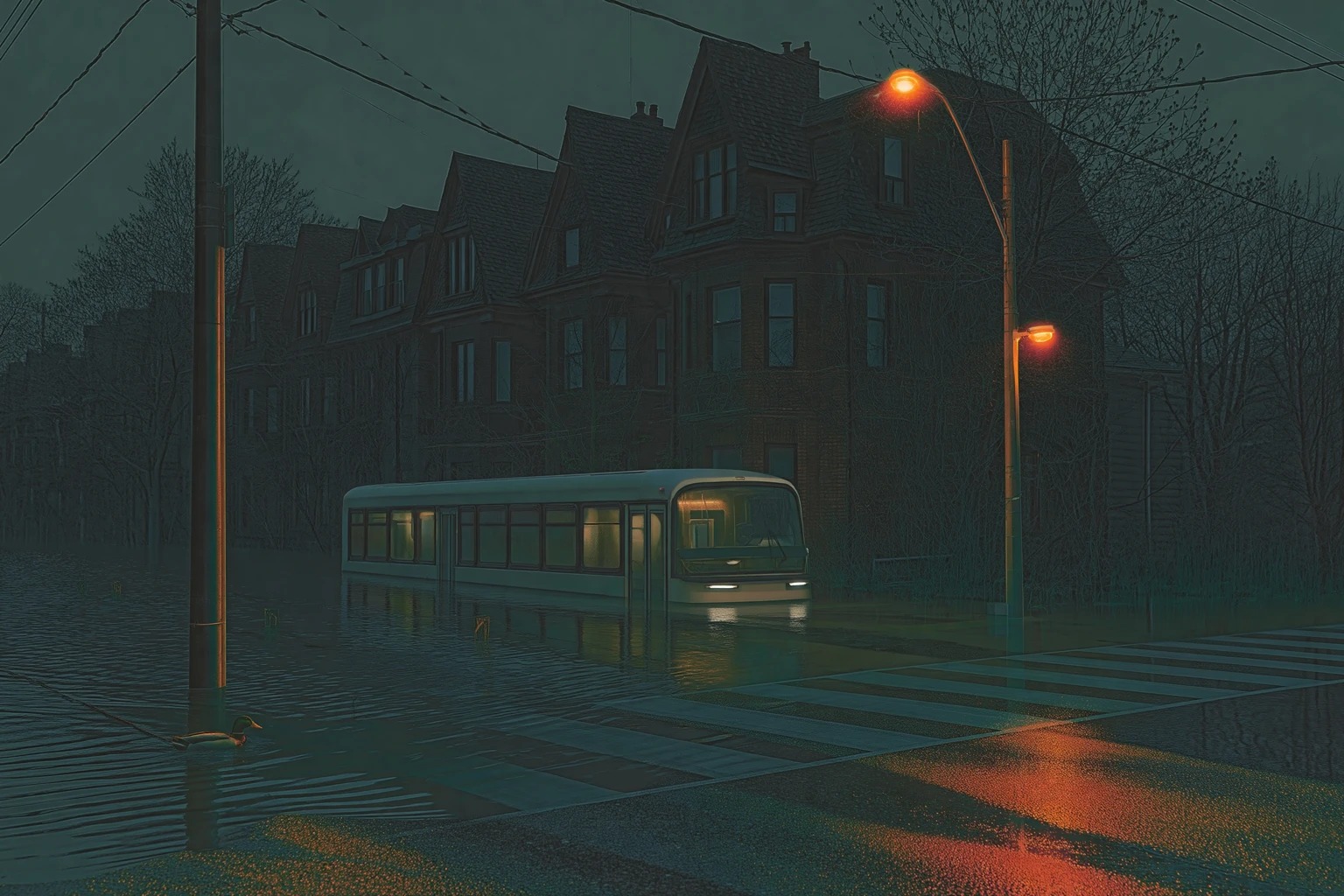 Era 2 Crisis, flooded lower-Hamilton street corner at first morning light