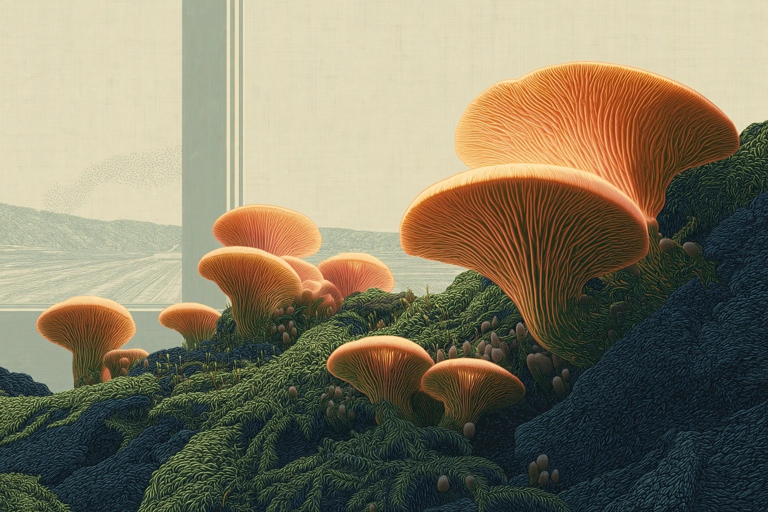 2010, Golden Oyster mushrooms on a fallen elm log, greenhouse escape