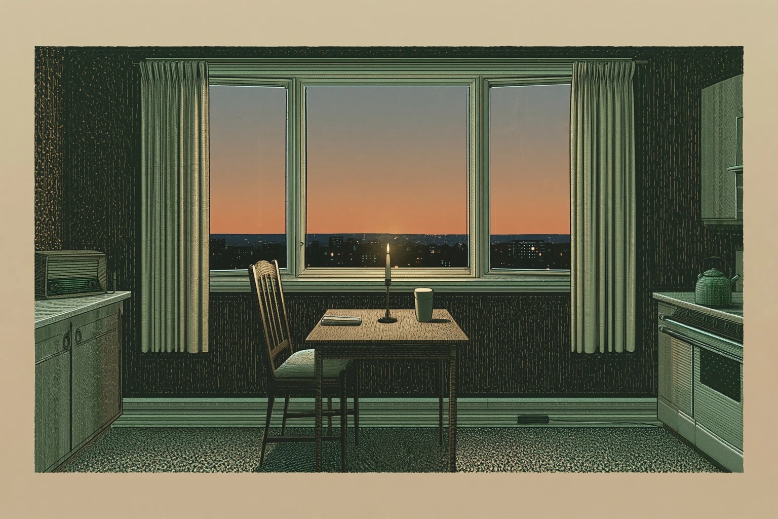 2029, residential Hamilton living room at dusk mid-brownout, single candle