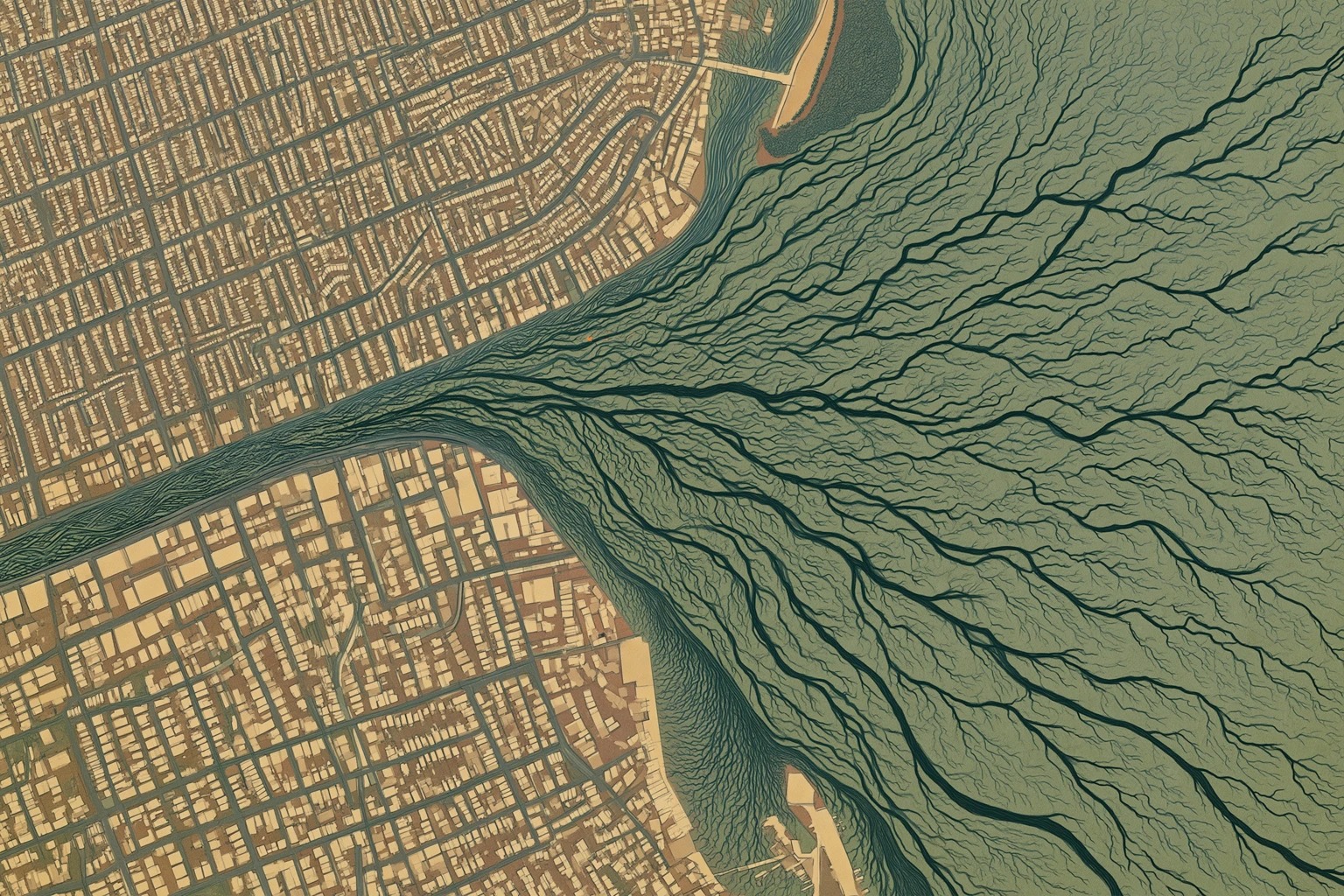 2041, aerial view of West Harbour flood with 1858 sewer trunk rupture
