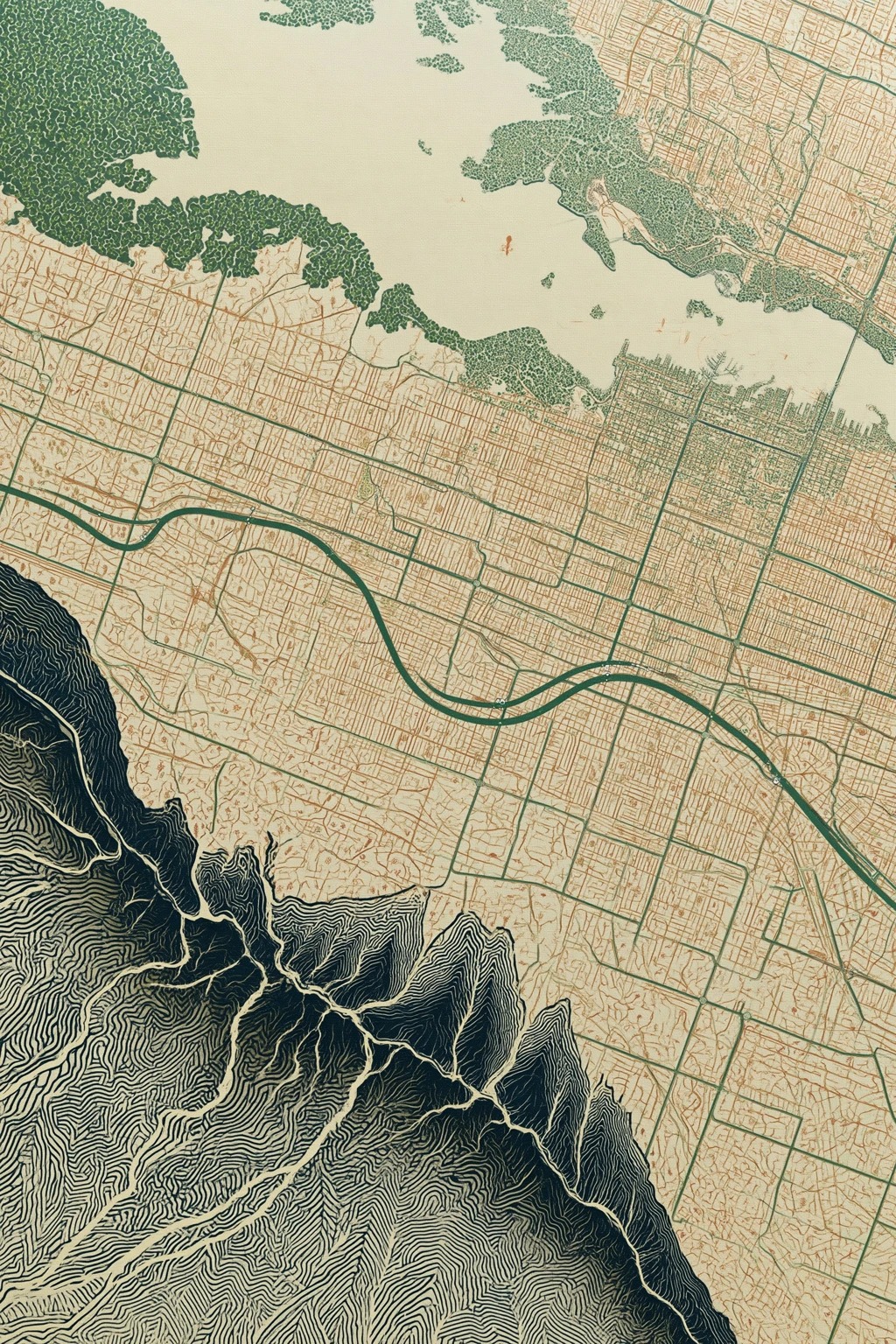Era 5 Sentient City Realized, overhead cartographic portrait of 2092 Hamilton Basin