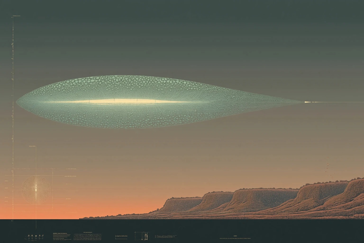 2085, first Air Bridge test flight departing Hamilton toward Niagara at dawn