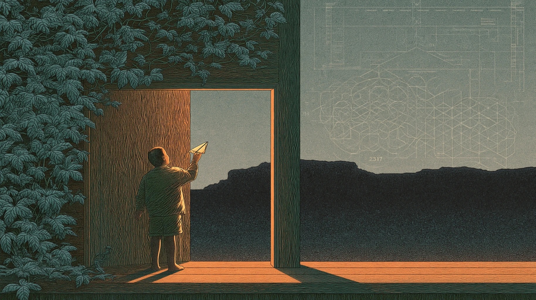 Chapter 8: Child with paper plane at living wood doorway, 2292