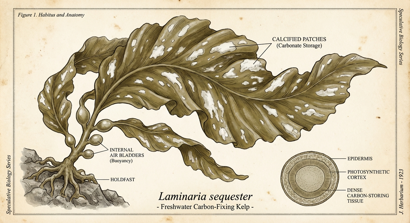 Scientific plate of Carbon Capture Kelp, Laminaria carbonivora, freshwater macroalgae with olive-brown fronds