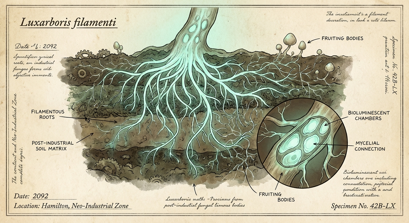 Scientific plate of Luminous Root-Weave, Mycelium luminosa, bioluminescent root system glowing softly through cracked pavement