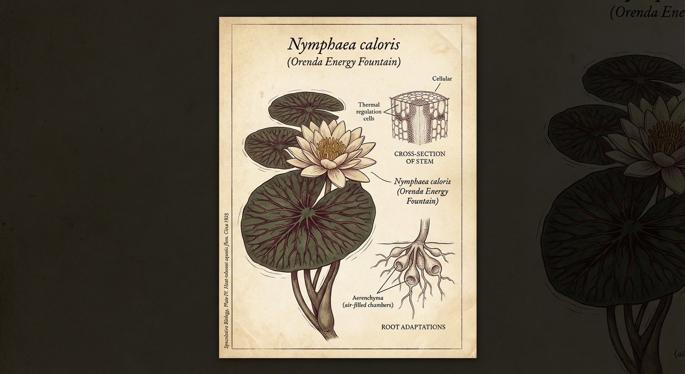 Scientific plate of Thermal Lily, Nymphaea thermophila, water lily with heat-radiating maroon vein patterns