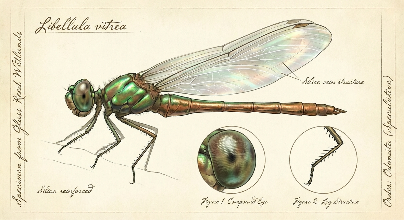 Scientific plate of Glasswing Dragonfly, Anax vitreus, with transparent silica-reinforced wings