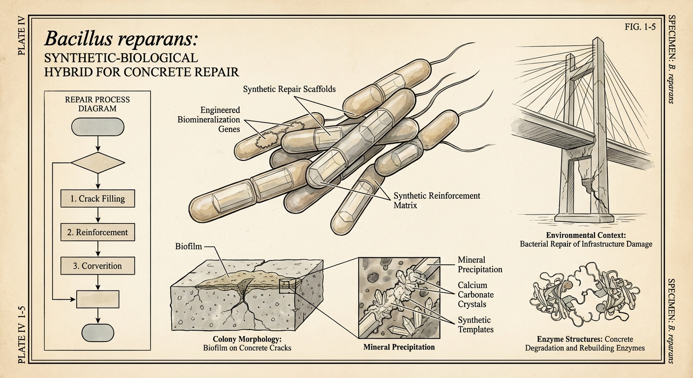 Scientific plate of RepairBacter, Bacillus reparans, synthetic-biological bacterium mineralizing concrete