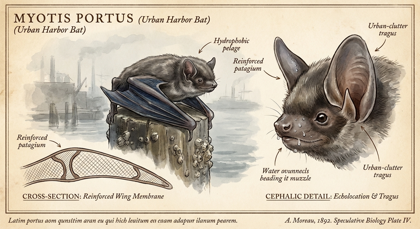 Scientific plate of Harbor Bat, Myotis portus, little brown bat subspecies with water-resistant fur