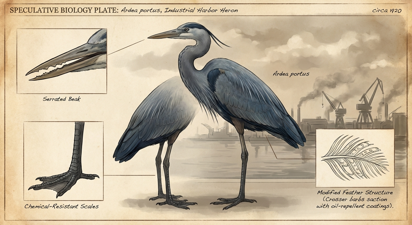Scientific plate of Harbor Heron, Ardea portus hamiltonii, adapted heron with contamination-resistant plumage