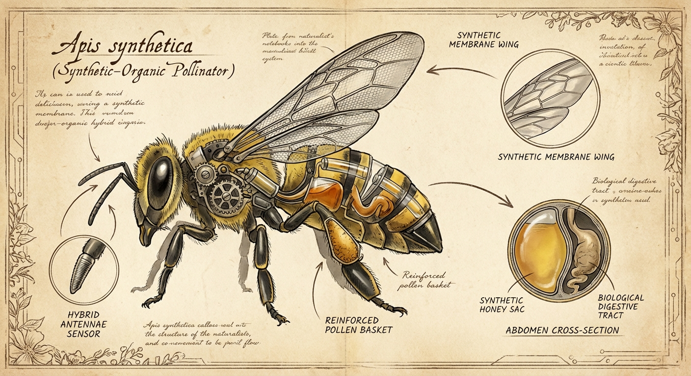 Scientific plate of SynthBee, Apis synthetica, synthetic-organic hybrid pollinator with integrated sensing components and amber energy cores