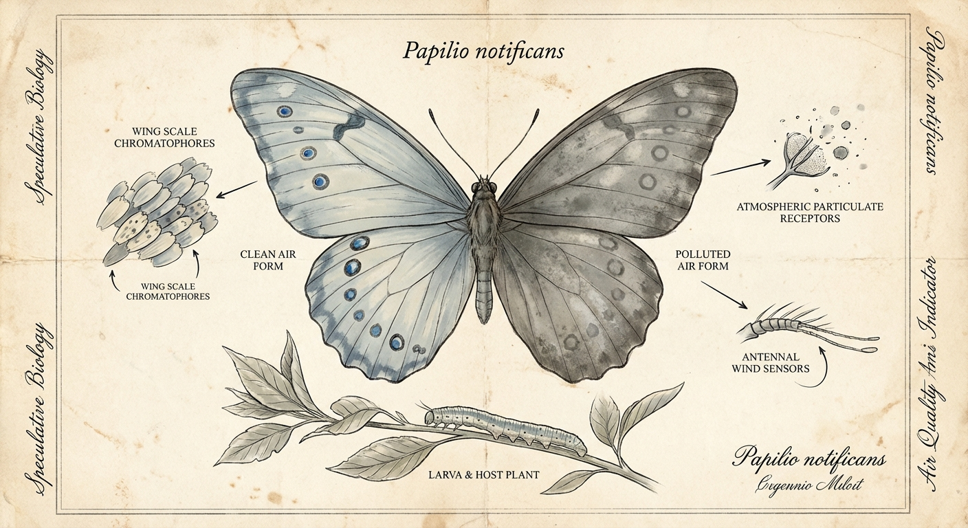 Scientific plate of Signal Butterfly, Papilio notificans, showing chromatophore wing scales and atmospheric particulate receptors