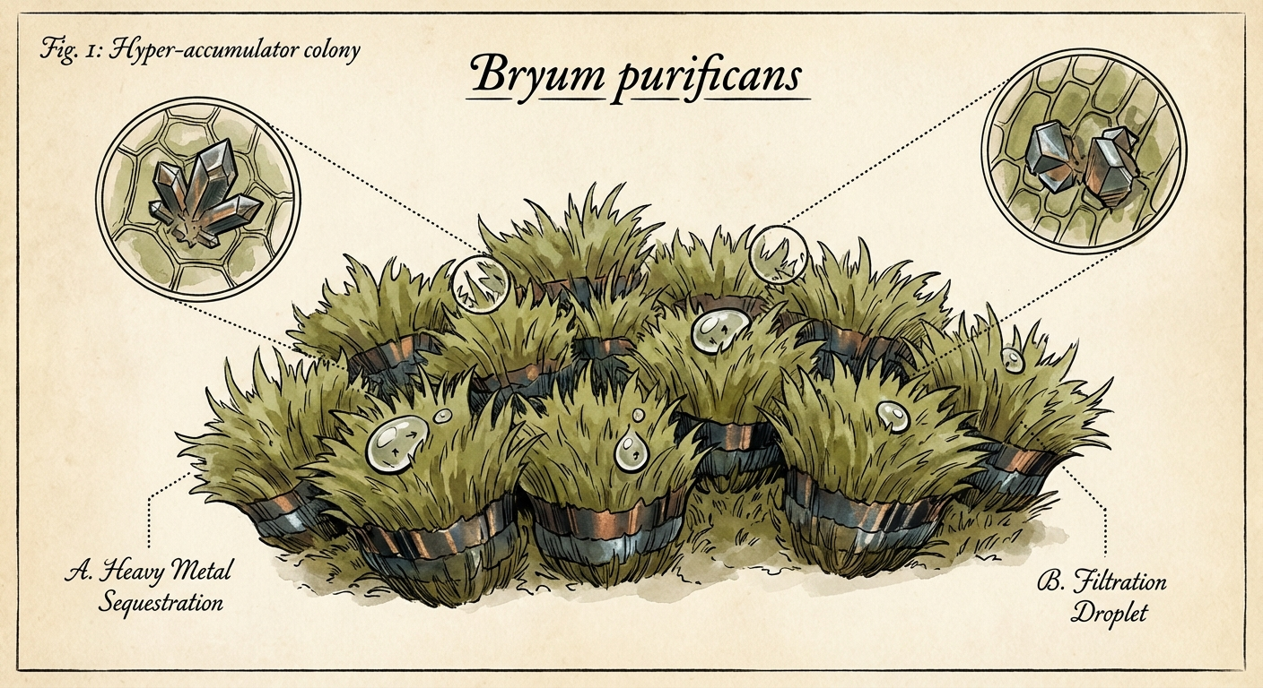 Scientific plate of Filter Moss, Bryum purificans, a dense carpet moss hyper-accumulating heavy metals in dark basal bands