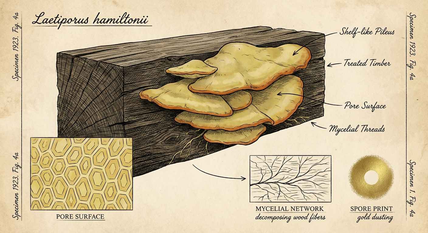 Scientific plate of Sulfur Shelf Fungus, Laetiporus hamiltonii, bright-yellow bracket fungus on industrial lumber