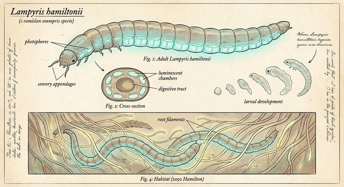 Scientific plate of Glow Worm, Lampyris hamiltonii, segmented bioluminescent worm with cyan bands