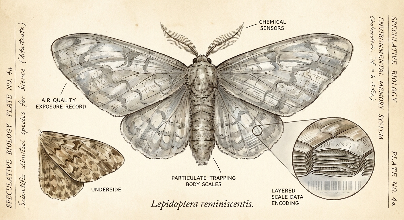 Scientific plate of Memory Moth, Lepidoptera reminiscentis, moth with patterned wing scales recording environmental data