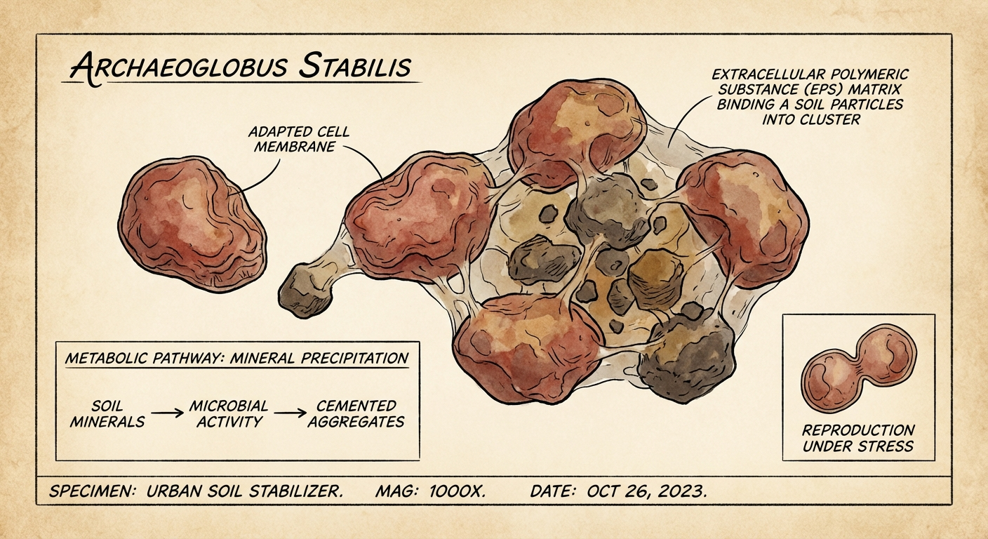 Scientific plate of Soil Stabilizer Archaea, Archaeoglobus stabilis, microbe secreting biological cement