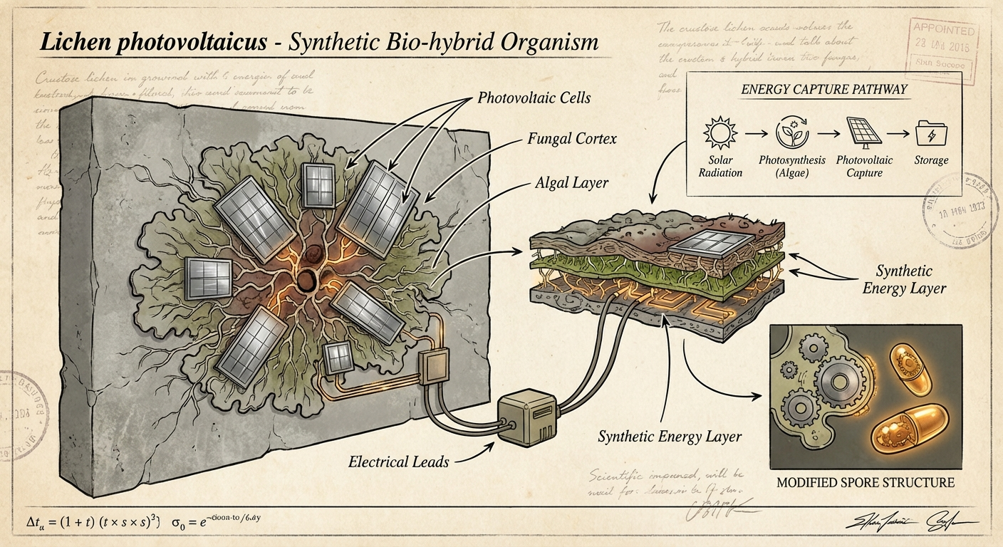 Scientific plate of PhotoCell Lichen, Lichen photovoltaicus, a synthetic-biological hybrid combining lichen symbiosis with photovoltaic capture