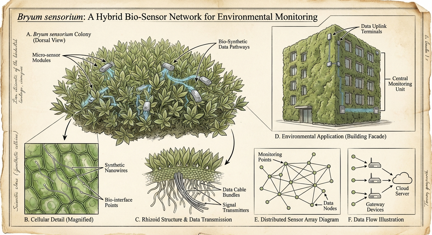 Scientific plate of SensorMoss, Bryum sensorium, a hybrid moss carpeting MELA infrastructure with distributed sensor networks