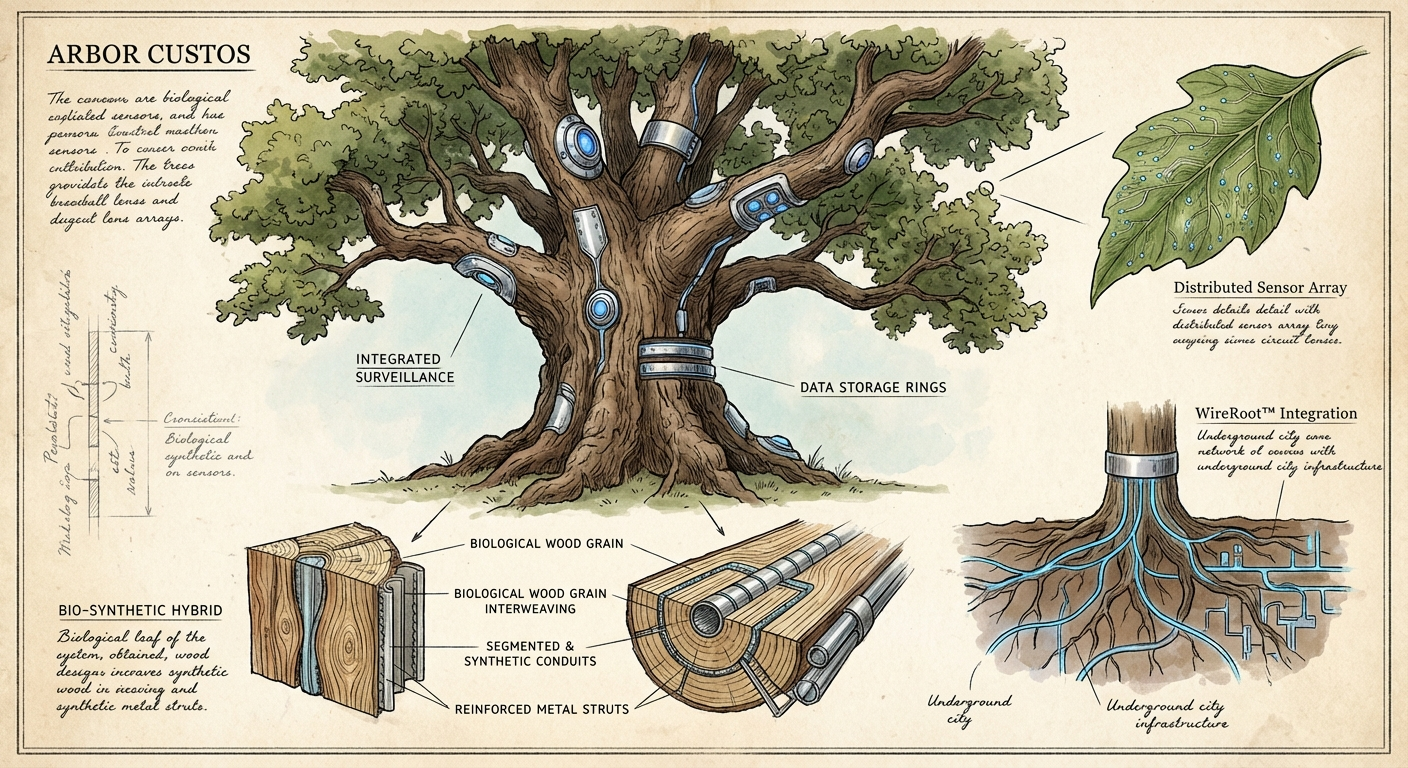 Scientific plate of GuardianTree, Arbor custos, a massive hybrid oak combining biology with integrated monitoring and communication systems