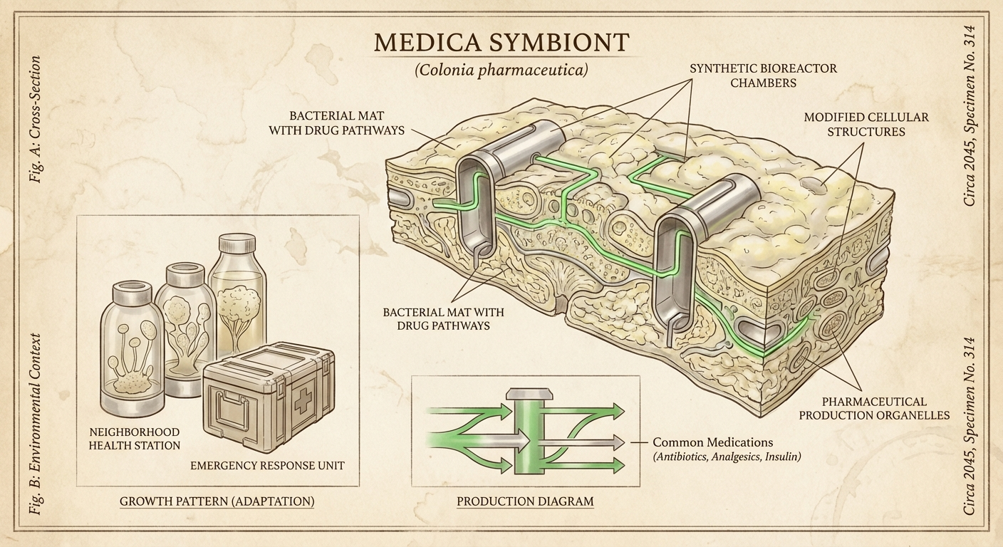 Scientific plate of MedicaSymbiont, Medica symbiont, engineered bacterial colony for distributed pharmaceutical production